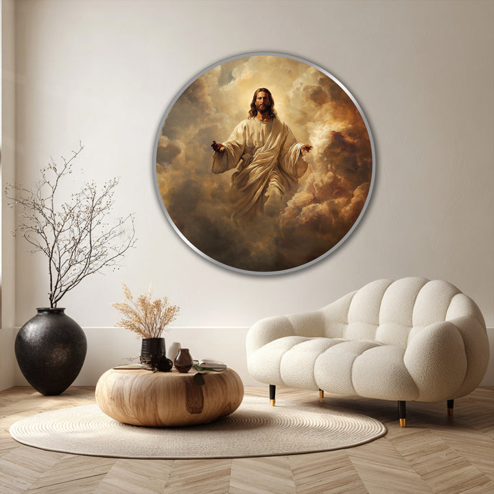 Round in orientation, the heavenly grace radiant christ in clouds oil painting art prints presents a stunning composition of faith.