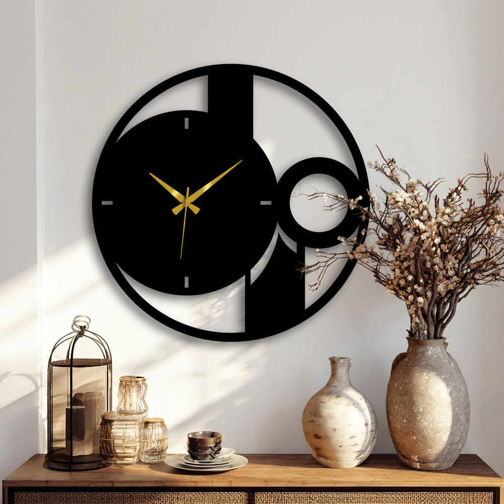 Evoking a sense of calm, this decorative metal art clock showcases an abstract minimal circle design with gold hands, enhancing the room's tranquil mood.