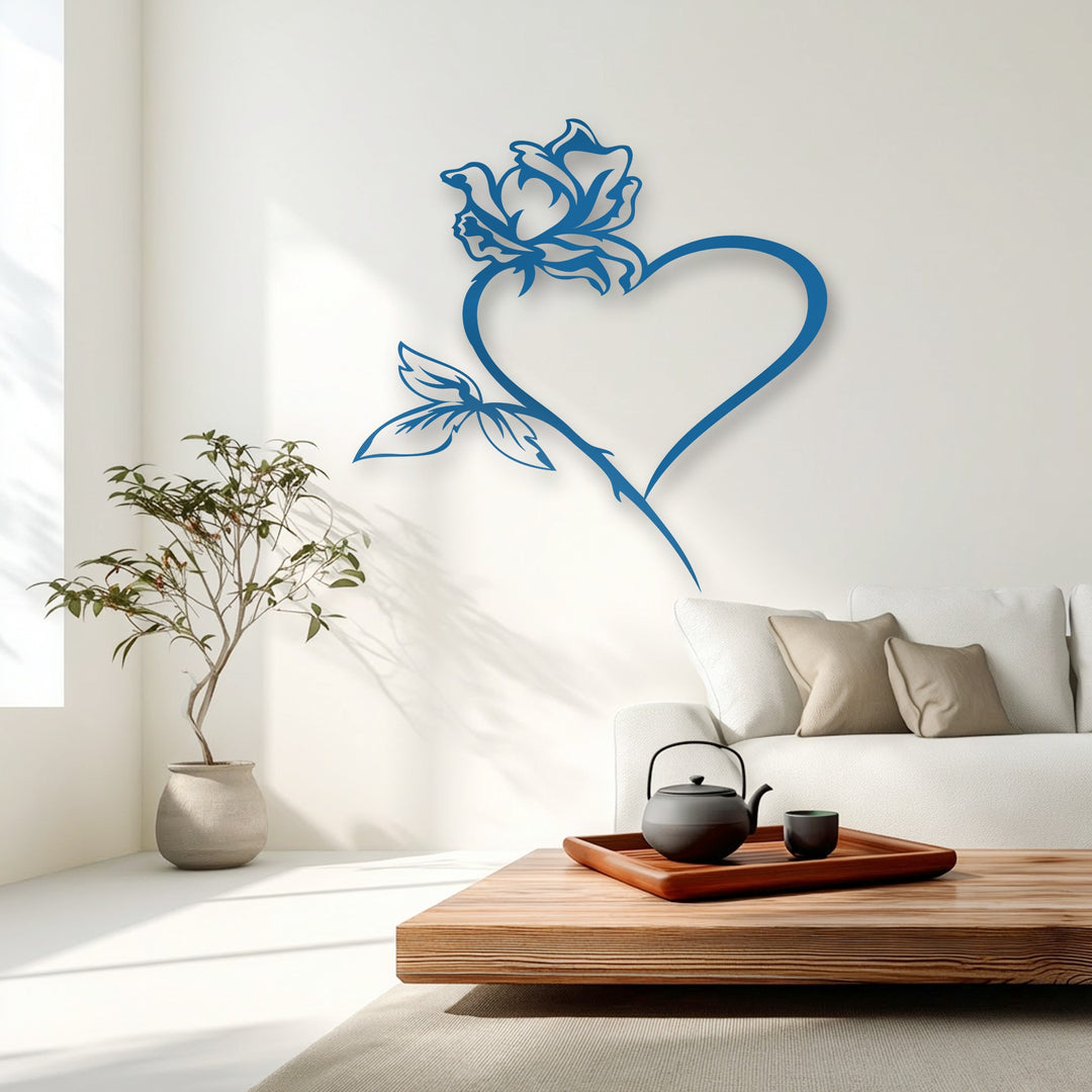 Stillness permeates a minimalist room, highlighting the elegant azure rose heart metal decoration wall art as a tranquil focal point.
