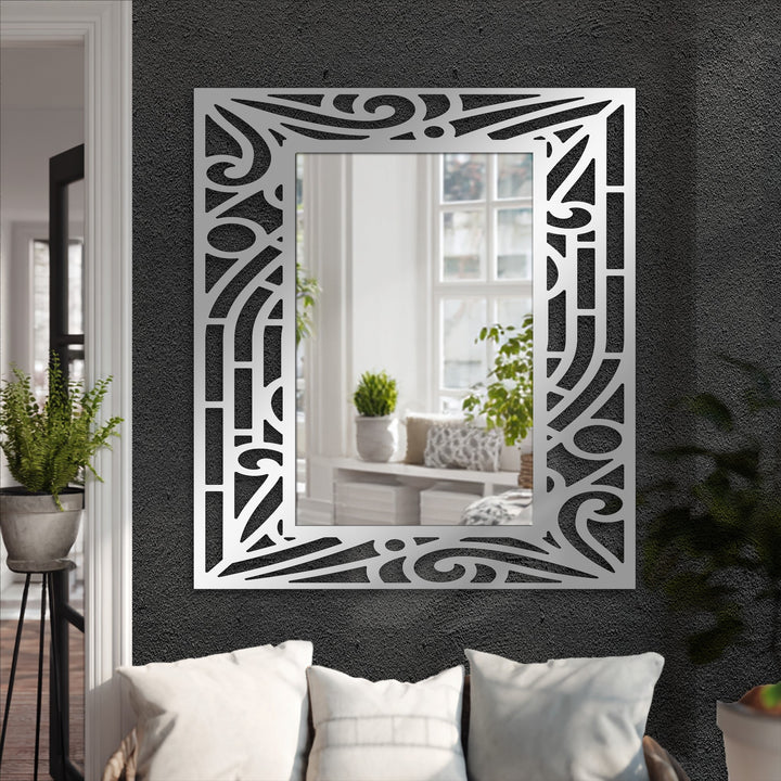 Dominating the scene, the darkest area of textured black wall creates a dramatic backdrop for this abstract curved line pattern frame floor mirror, showcasing its striking metal wall decor.