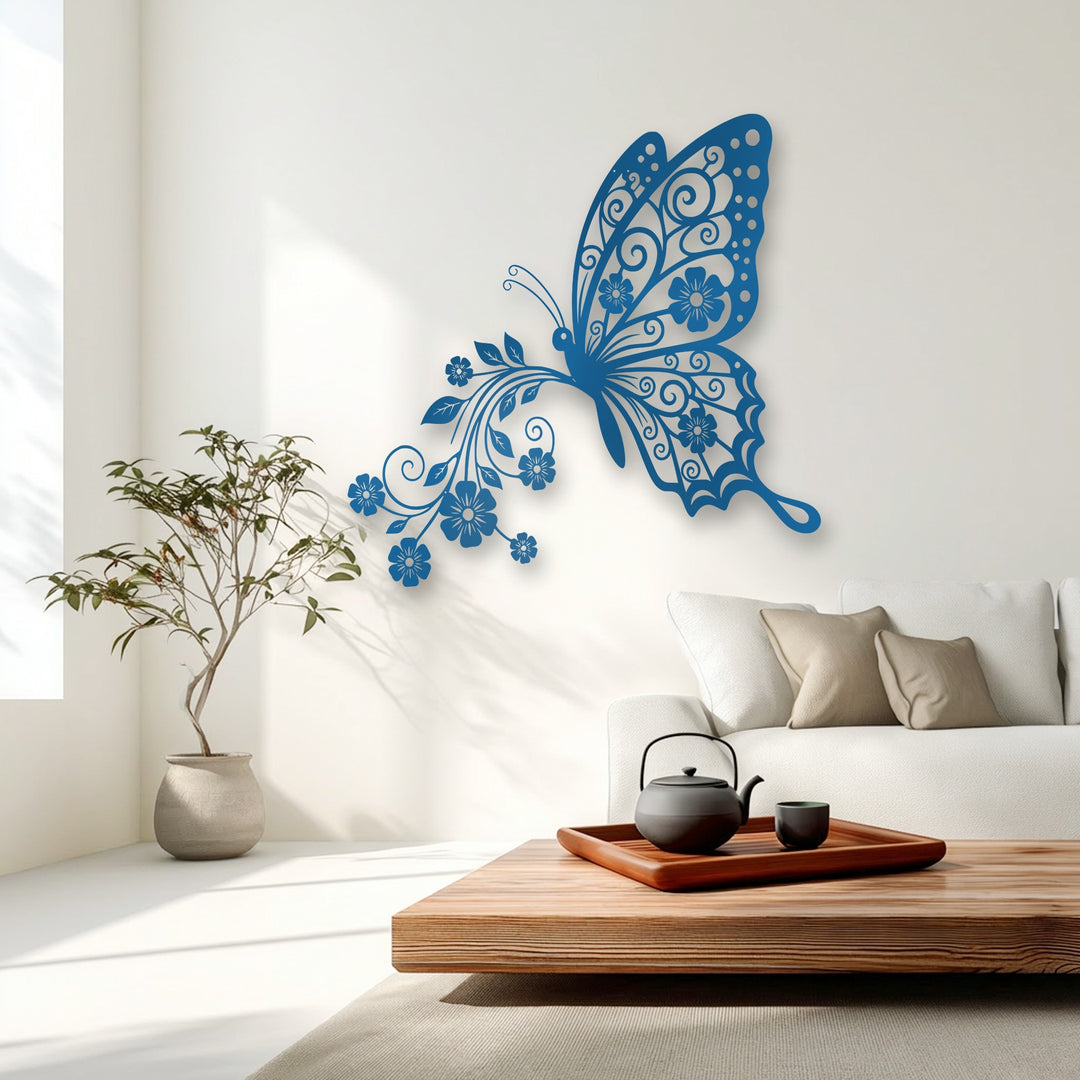 The sharp edges and decorative borders of the blue butterfly metal artwork feature an intricate floral cut-out design.