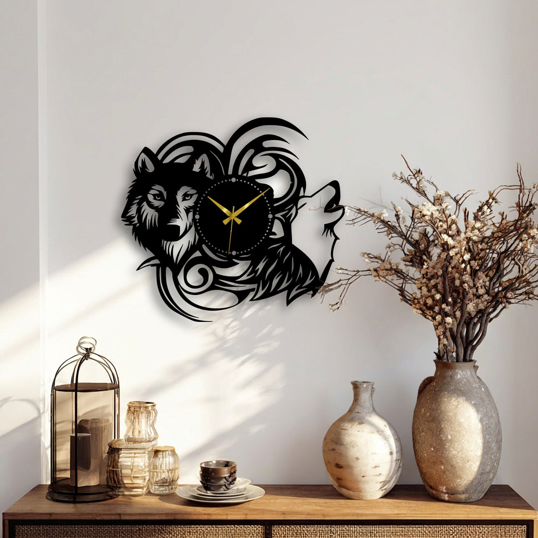 Layering the silhouette of two wolves with a tribal design, this metal wall clock offers a unique metal wall art accent for home decoration.