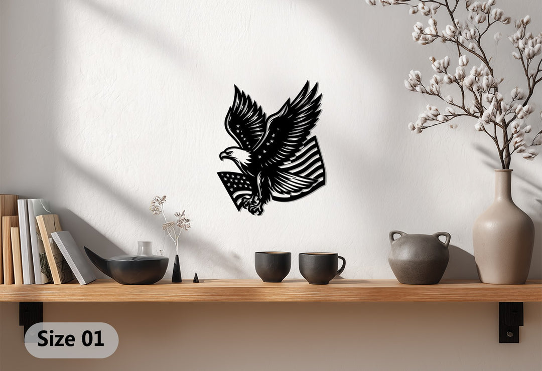 American Eagle Metal Wall Art – Patriotic Bald Eagle with USA Flag