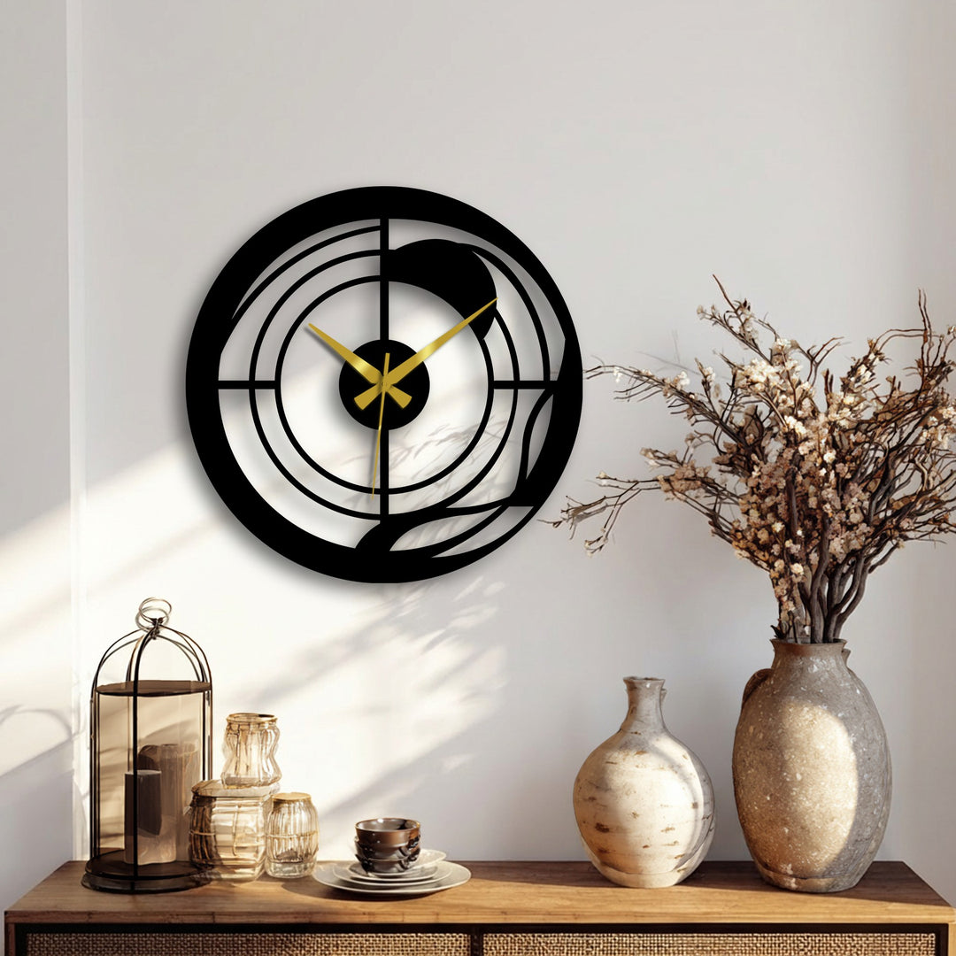 The captivating visual rhythm of the modern abstract spiral wall clock is enhanced by its unique metal wall art construction and geometric design.