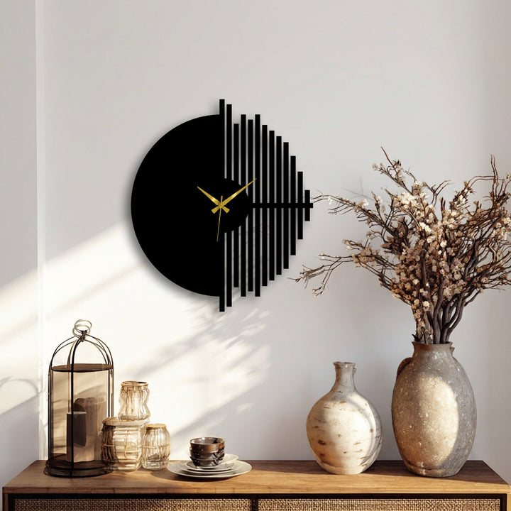 Evoking a sense of motion, the half circle geometric metal wall clock’s design creates a unique metal wall art piece, its vertical lines suggesting dynamic energy.