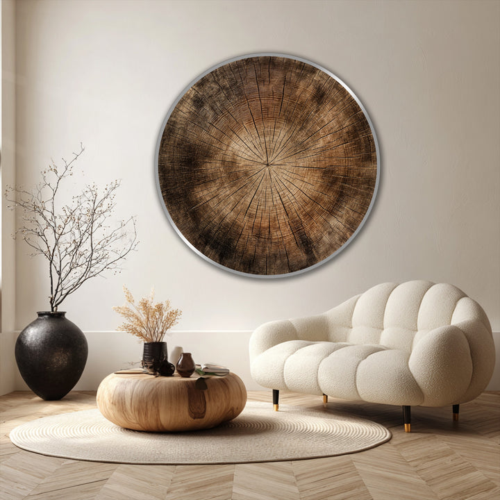 The darkest area highlights the beautiful natural wood grain in this timeless growth round oil painting decoration, showing rings and textures that create depth.