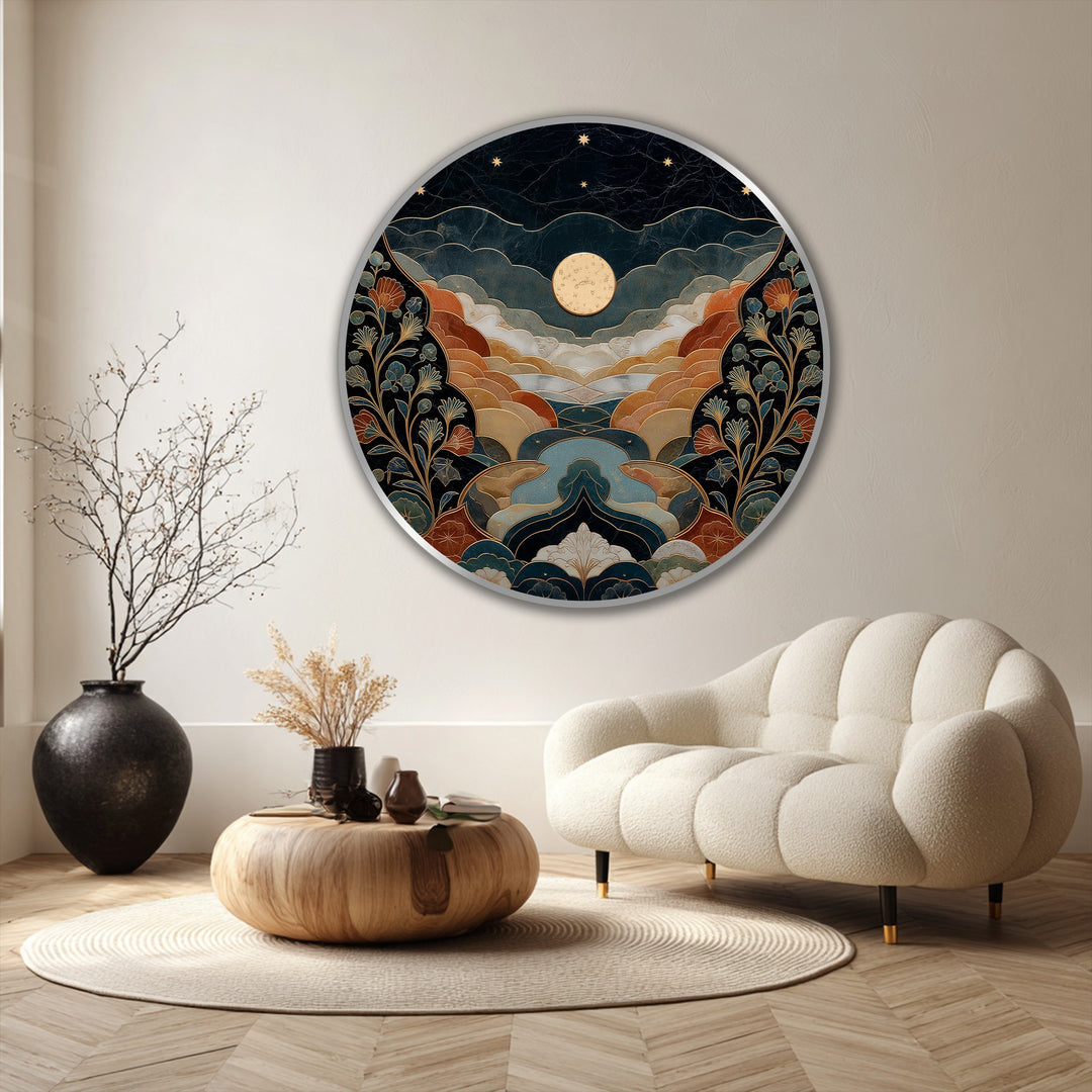 Valle Celestial – Paisaje redondo iluminado por la luna Cuadro al óleo sobre madera