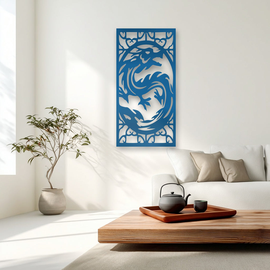 The stillness of the minimalist room is accentuated by the striking blue fierce dragon metal decoration wall art, creating a serene ambiance.