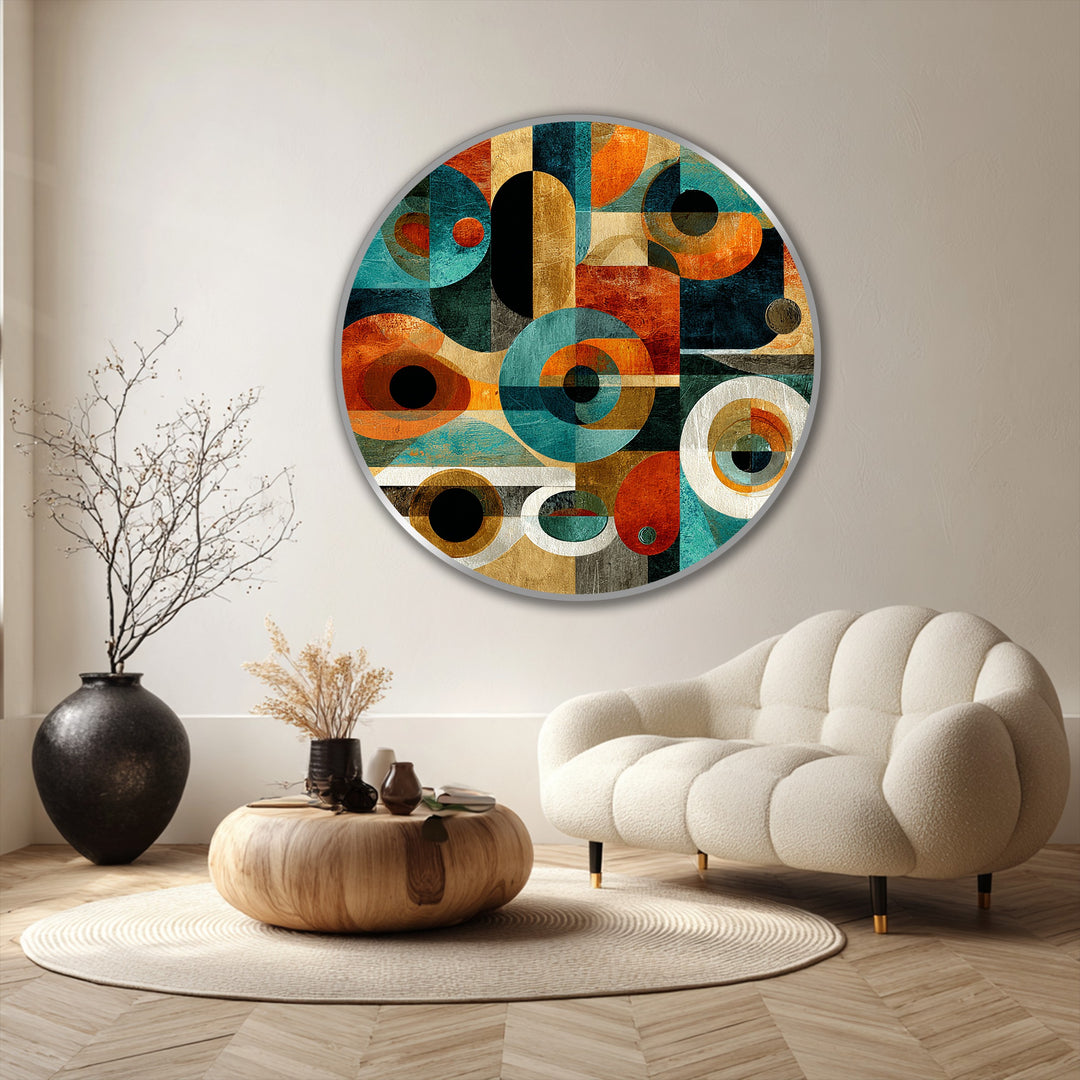 Geometric circles and rectangles form a striking pattern in this retro abstract round oil painting, exemplifying modern oil painting art with bold color blocking.