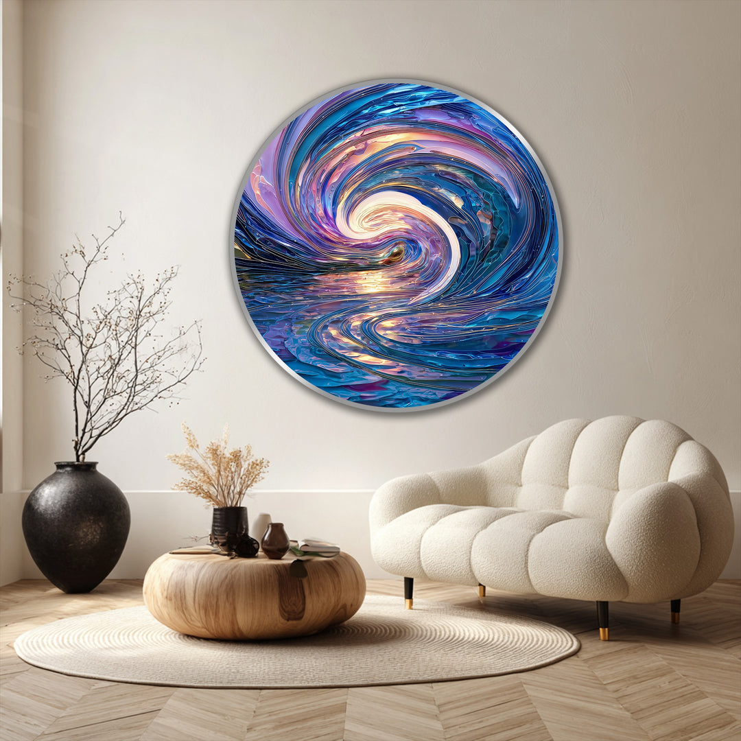 Highly textured, the iridescent finish on this celestial tide round oil painting enhances the swirling design, perfect for unique oil painting home decor.