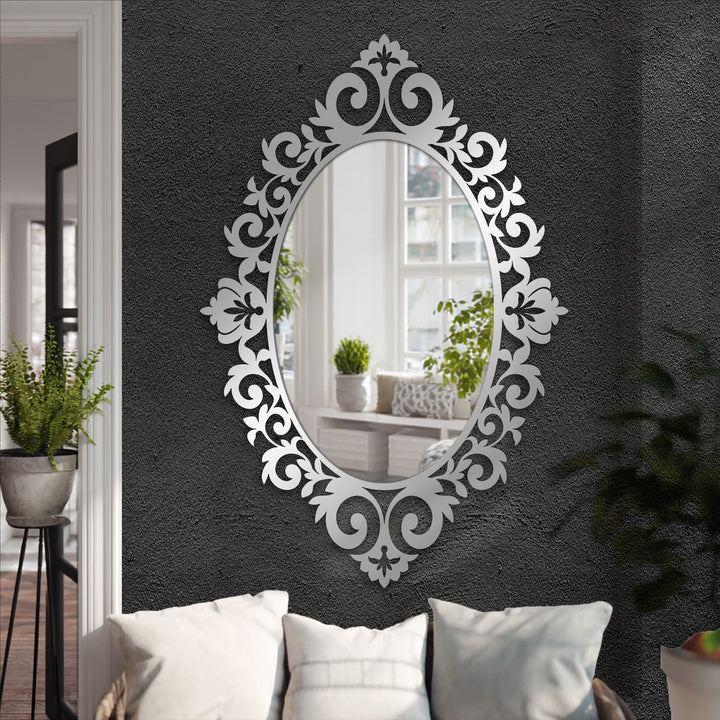 Highlighting the realistic detail, this baroque elegance floral oval floor mirror features a stunning, reflective surface and ornate metal wall decor with intricate floral details.