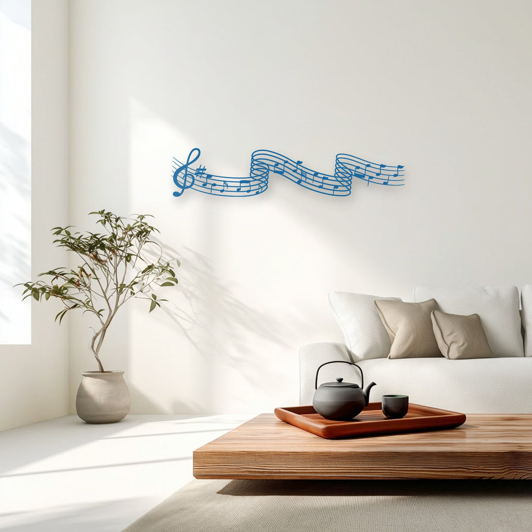 Visual rhythm is created by the flowing melody notes in blue, depicting musical metal decoration wall art on a pristine white wall.