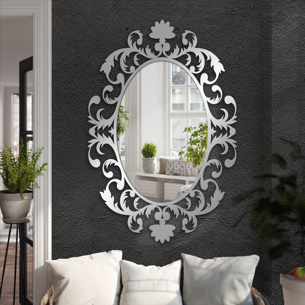 The flowing organic forms of the Royal Baroque Scrollwork Oval Floor Mirror showcase its elaborate decorative mirror, adding an element of nature-inspired elegance.