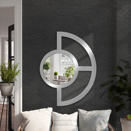 Featuring a modern abstract half-circle metal wall mirror, this decoration wall art offers a geometric balance design as the central subject.