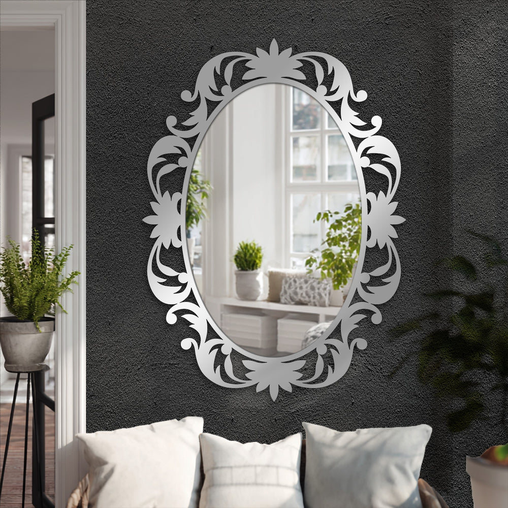 Silver finish accentuates the Victorian Grace floral oval floor mirror, a stylish decorative mirror with an elegantly ornate design.