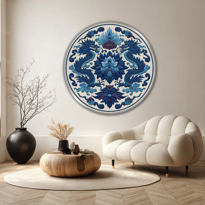 The fluid, organic forms of dragons and stylized lotus blossoms create a balanced composition in this royal blue, round, modern oil painting art piece.