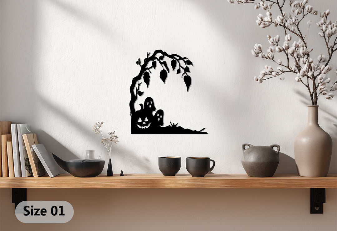 Haunted Pumpkin & Ghosts Metal Wall Art – Spooky Halloween Décor