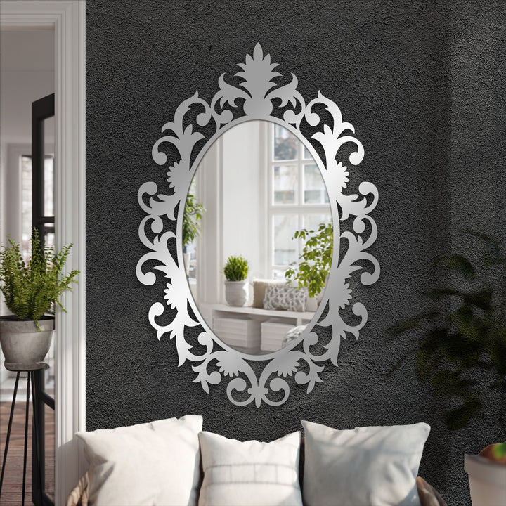 Showcasing the geometric elements of the majestic crowned baroque oval floor mirror as a distinctive stained glass wall mirror art piece.