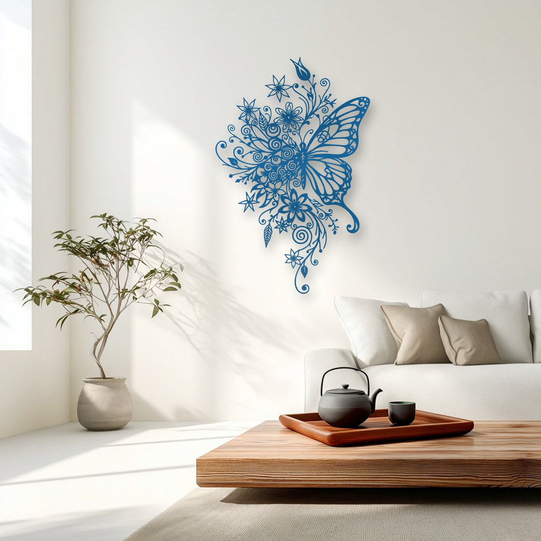 The matte finish of the deep blue floral butterfly metal wall decor beautifully complements its intricate laser-cut design.