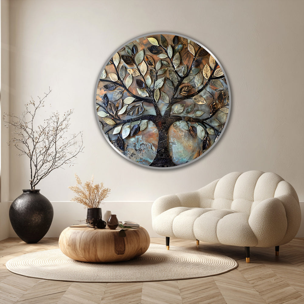 Negative space surrounds the textured metal leaf tree, accentuating the intricate details of this striking oil painting art prints.