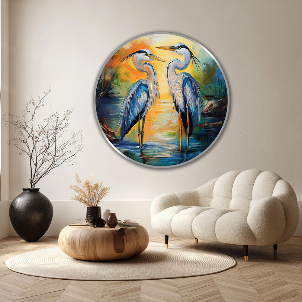Showcasing the abstract quality of the graceful herons round oil painting, blending warm sunset hues with cool blue tones in a modern oil painting art piece.