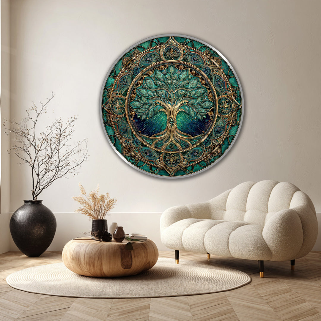 Calming and serene, the emerald sacred tree ornate round wooden oil painting offers an inviting mood with its stunning oil painting reproduction print.