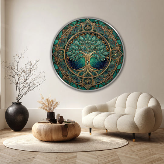Calming and serene, the emerald sacred tree ornate round wooden oil painting offers an inviting mood with its stunning oil painting reproduction print.