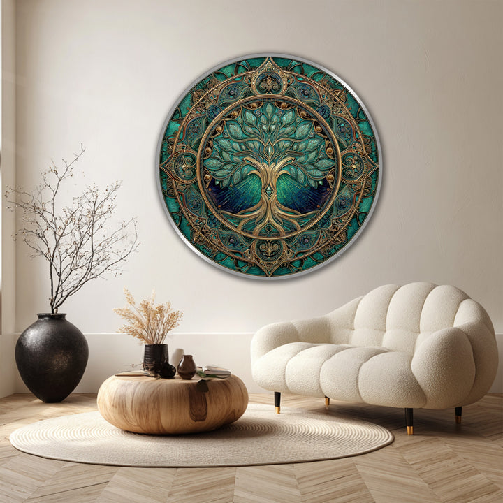 Calming and serene, the emerald sacred tree ornate round wooden oil painting offers an inviting mood with its stunning oil painting reproduction print.