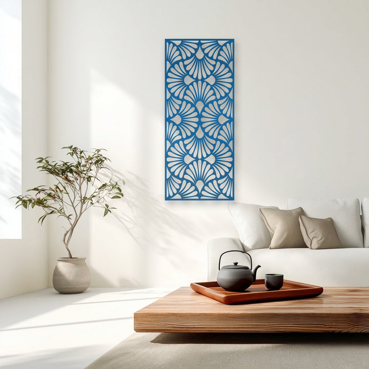 Vertically oriented rectangular unique metal wall art featuring an elegant Art Deco fan pattern in a striking blue and silver design.