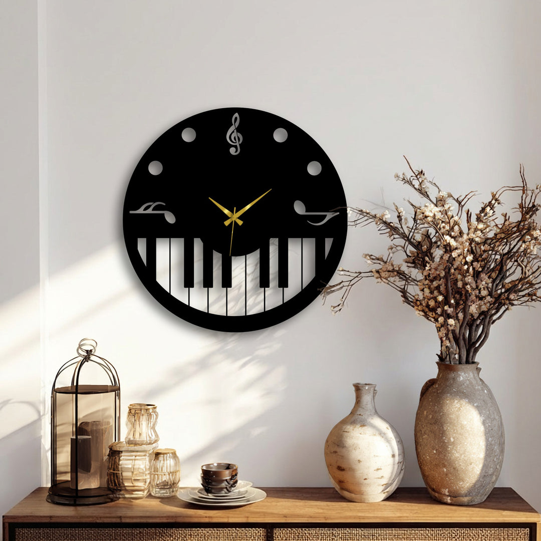 The striking black music theme metal wall clock, adorned with piano keys and a treble clef, serves as prominent decorative metal art.
