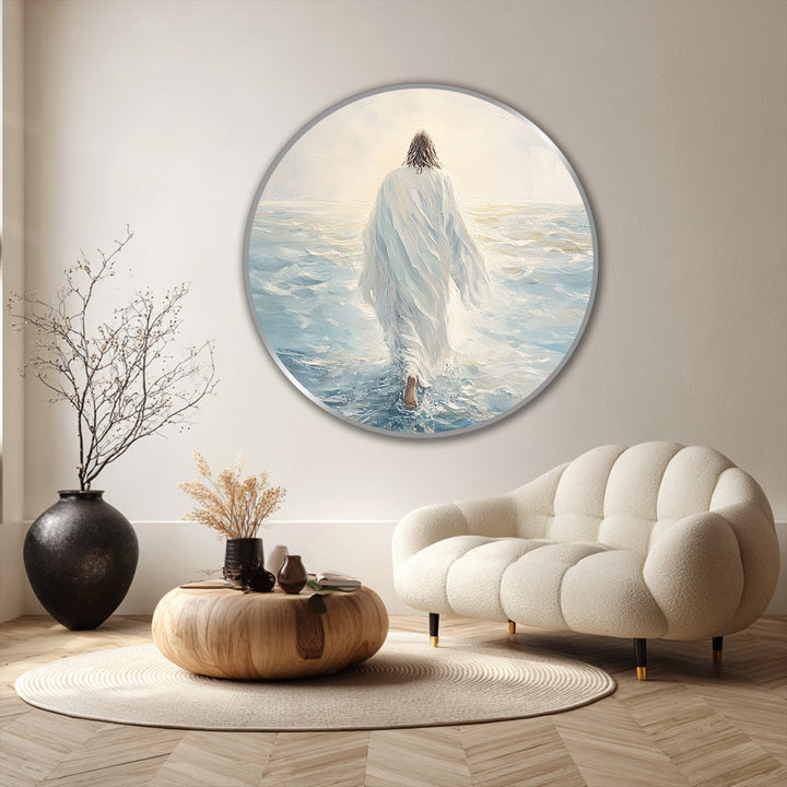 Circular orientation showing a faith-inspired walk upon the waters oil painting artwork in a silver frame, with a peaceful, spiritual scene.