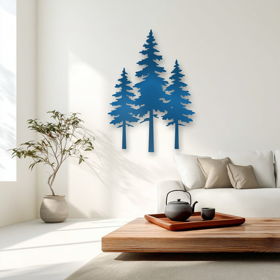 The striking transition from deep sapphire blue pine forest decorative metal art to the crisp white wall creates a bold visual statement.