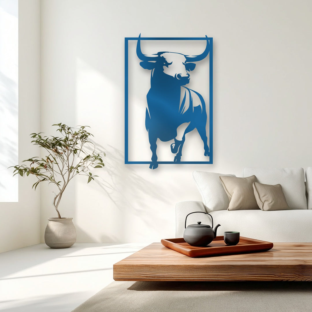 A vertical rectangular unique metal wall art features a powerful bull silhouette in bold blue, emphasizing its strong, striking shape.