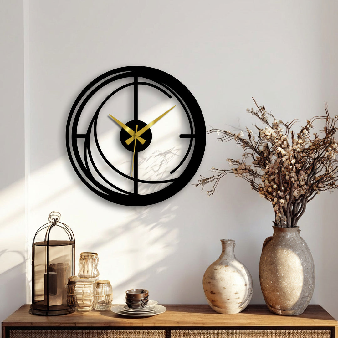 Radiating the stillness of passing time, this modern spiral metal art for wall clock showcases an abstract decorative design with silent golden hands against a muted backdrop.