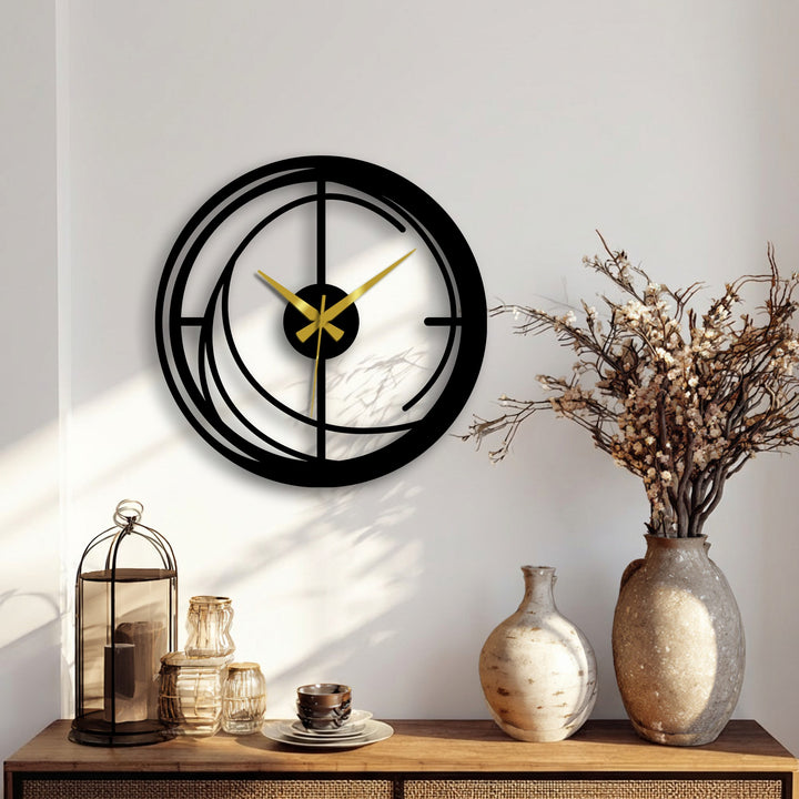 Radiating the stillness of passing time, this modern spiral metal art for wall clock showcases an abstract decorative design with silent golden hands against a muted backdrop.
