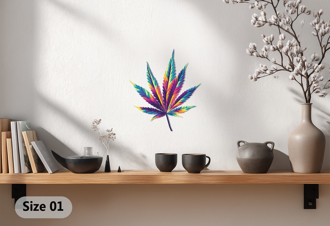 Geometric elements compose the abstract and psychedelic colorful cannabis leaf metal artwork, forming a visually striking and modern wall decor piece.