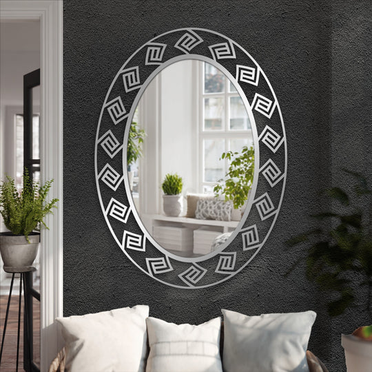 Echoing in the maze border, the organic forms soften the geometric pattern of this decorative wall mirror with a touch of modern mirror artistry.