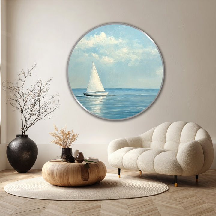 Soft, fluffy boucle armchair complements the peaceful minimalist sailboat oil painting artwork in a serene, modern room.