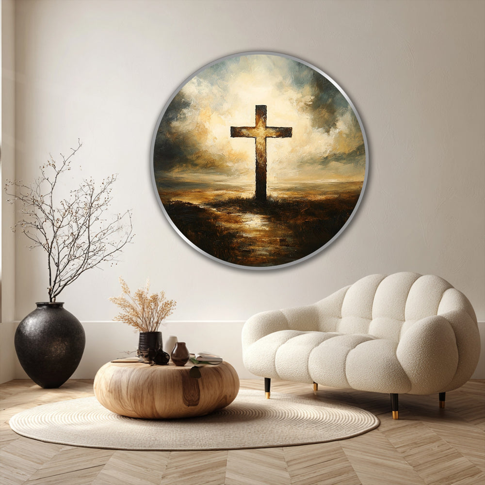 The focal point is the illuminated cross in this Beacon of Salvation, a stunning oil painting art prints piece that serves as inspirational Christian wall art.