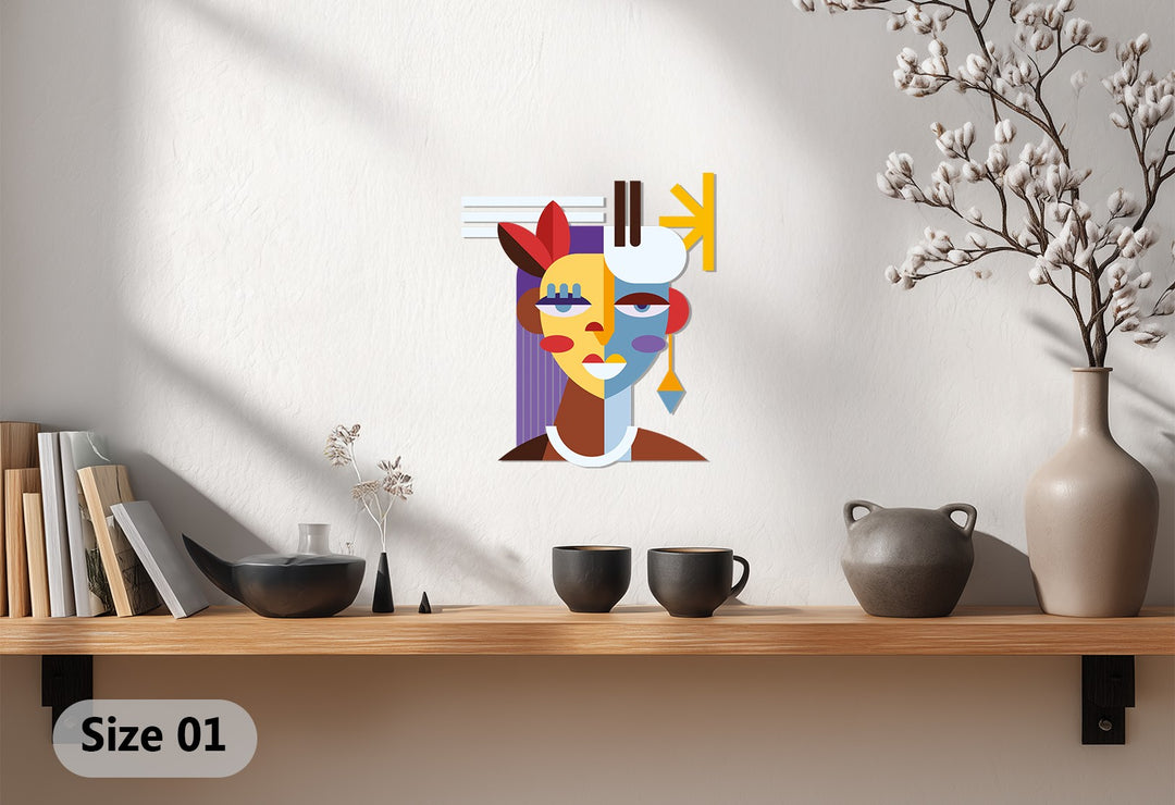 Abstract Woman Face Metal Wall Art – Colorful Modern Cubist Home Decor