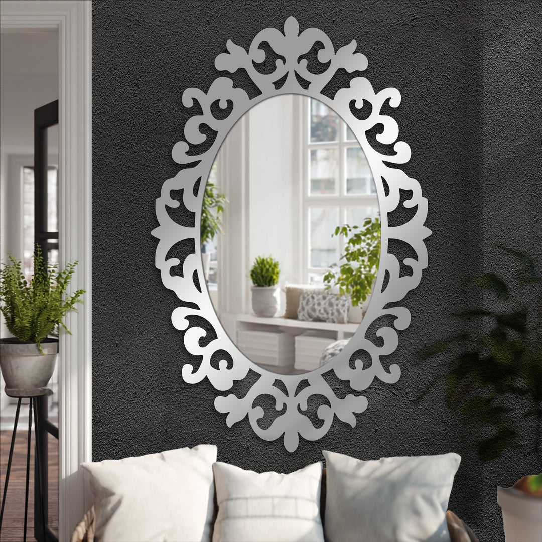 The realistic detail shows the baroque curved motif of the oval floor mirror, a stunning modern wall mirrors piece reflecting light and adding a touch of elegance to any room.