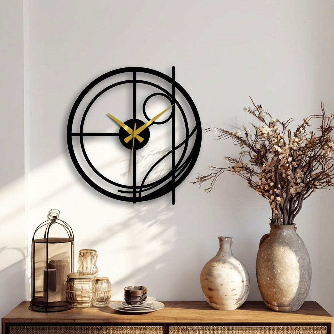 Organic lines create a striking metal decoration wall art clock, where geometric forms meet in a modern abstract circular design with gold hands.