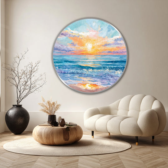 Swirling brushstrokes capture the dynamic sense of movement in the Golden Horizon seaside sunrise round oil painting art prints, depicting sunlit waves and clouds.