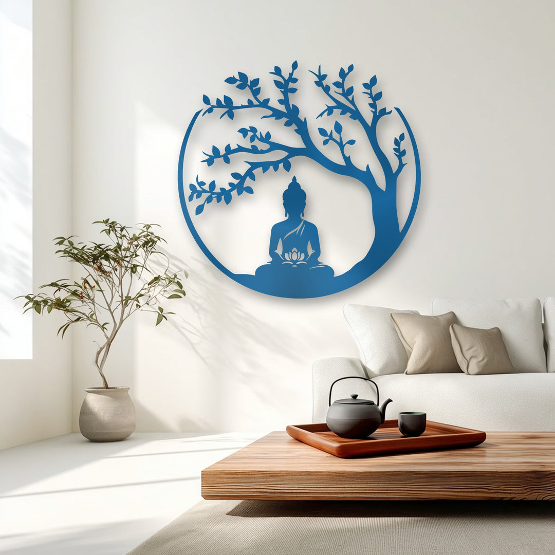 The prominent geometric elements of this unique metal wall art include a serene Buddha meditating within a perfectly circular frame adorned with a tree design.