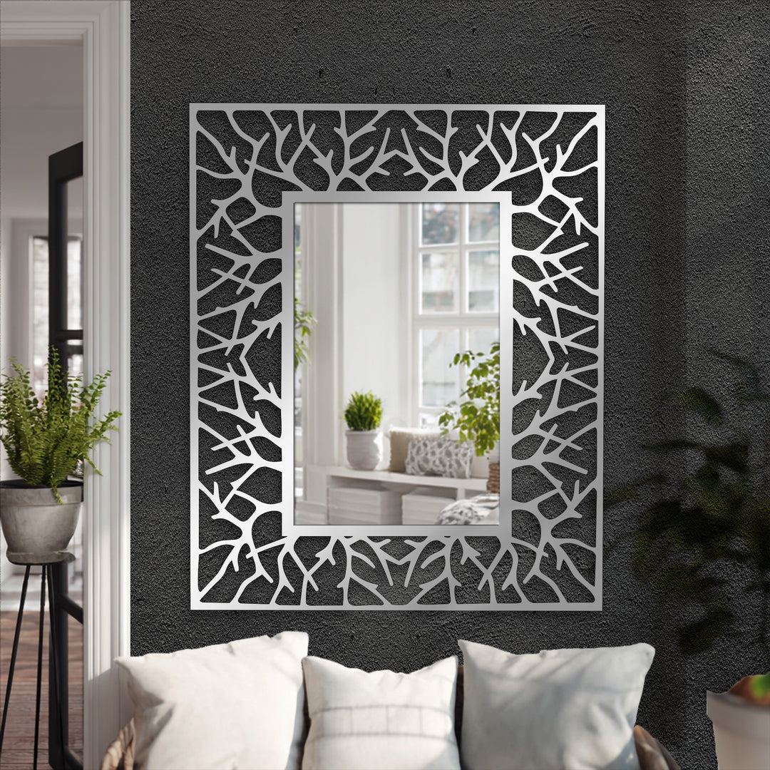 Exceptional material quality is showcased in this metal floor mirror featuring a modern wall mirrors design with a durable, abstract branch texture frame.