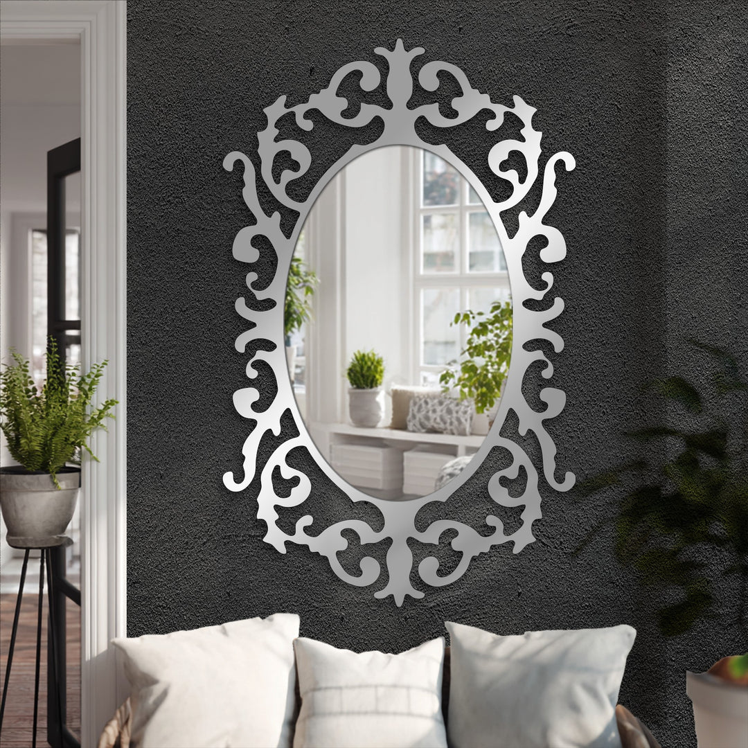 Visual rhythm is created by the repeating curves of the Victorian-style frame in this framed wall mirror, making it a striking decoration wall art piece.