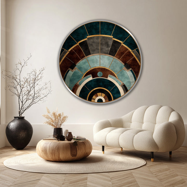 Featuring teal, brown, and gold hues, the architectural arcs geometric round wooden oil painting wall art showcases a striking color palette in its design.