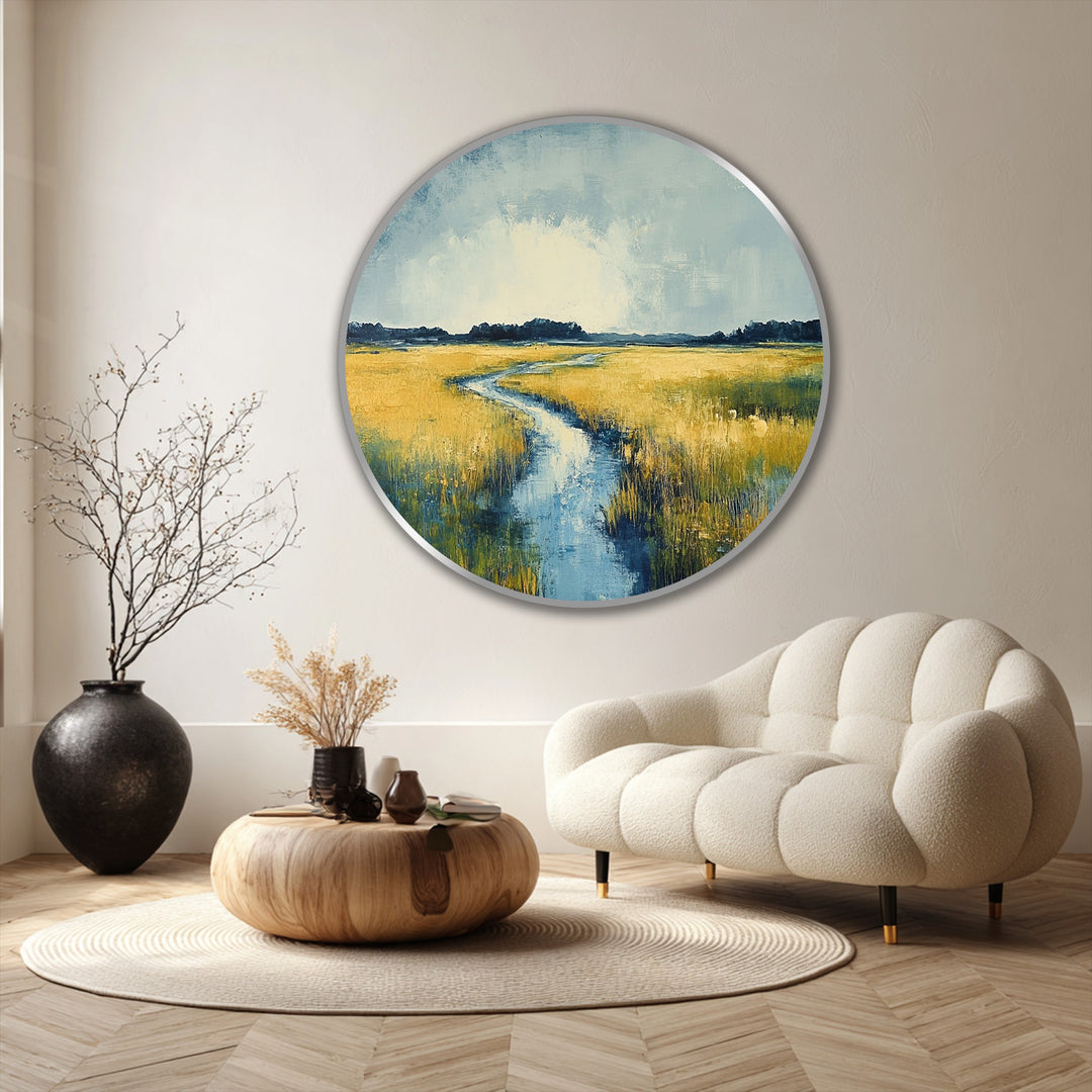 Showcasing the layering effect, the round oil painting home decor depicts a serene meadow with a river, achieving depth through careful artistic placement.