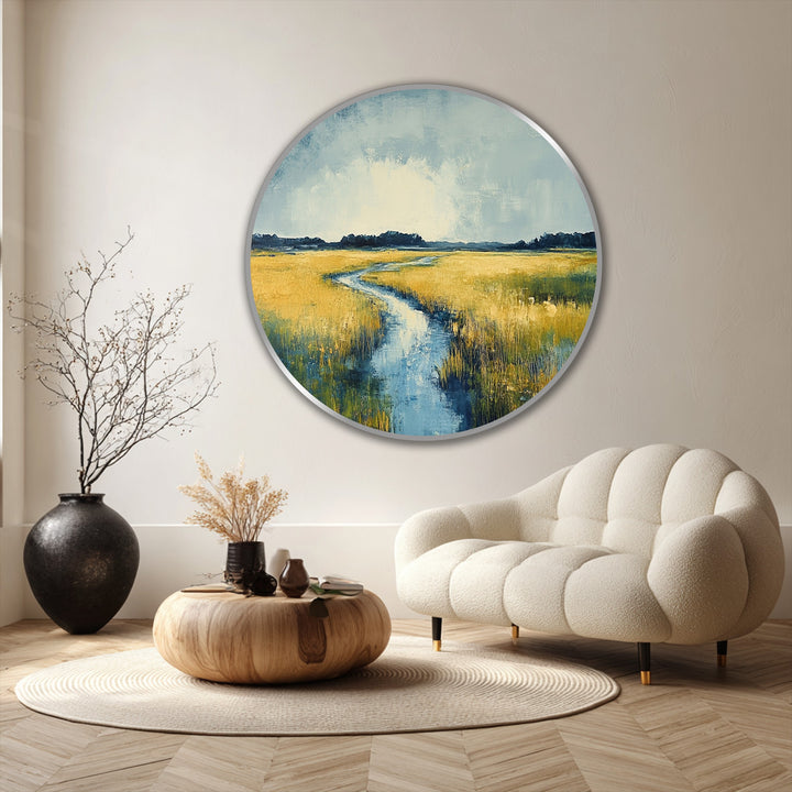 Showcasing the layering effect, the round oil painting home decor depicts a serene meadow with a river, achieving depth through careful artistic placement.