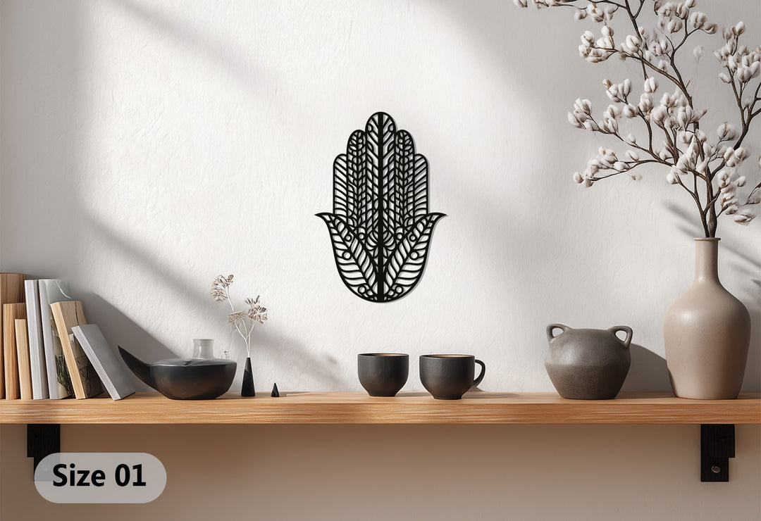 Hamsa Hand Metal Wall Art – Black Geometric Wall Sculpture